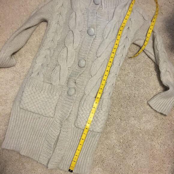 Y2K Tomboy Jeans Long Chunky Cream Cable Knit Wool Blend Button Up Sweater - Picture 13 of 15